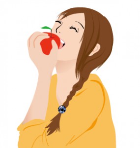 リンゴをかじる笑顔の女性　イラスト　women_01